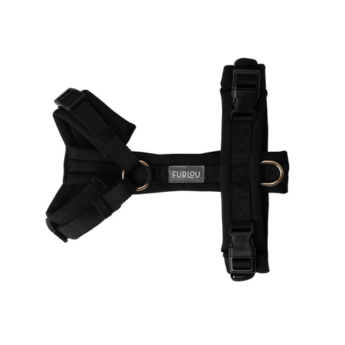 Black dog harness with 'Furlou' branding on a white background