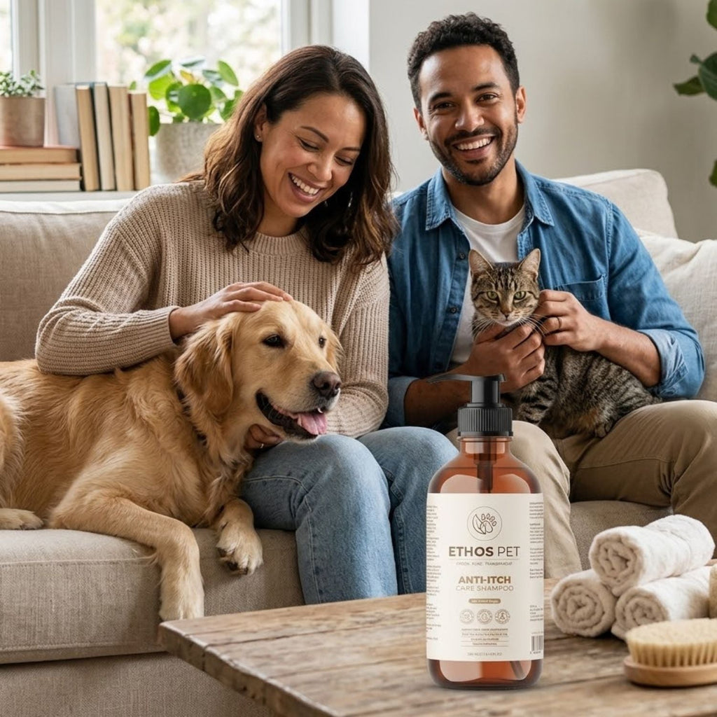 A couple and their dog and cat sitting on a couch in a bright living room, with a bottle of ETHOS PET ANTI-ITCH treatment placed on a table in the foreground.