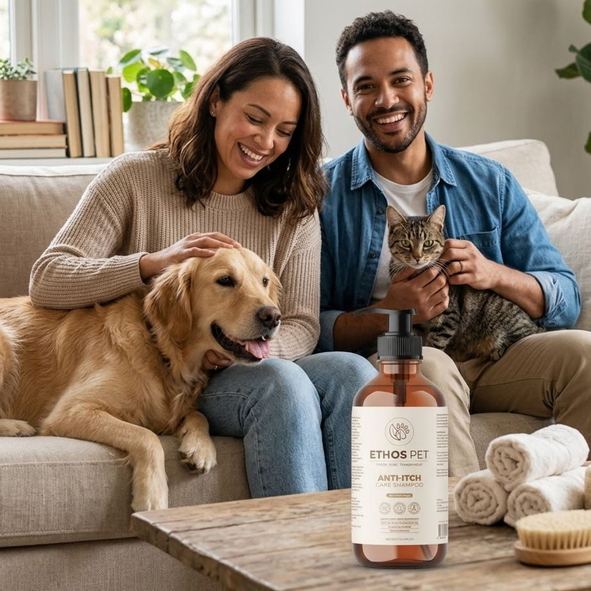 A couple and their dog and cat sitting on a couch in a bright living room, with a bottle of ETHOS PET ANTI-ITCH treatment placed on a table in the foreground.