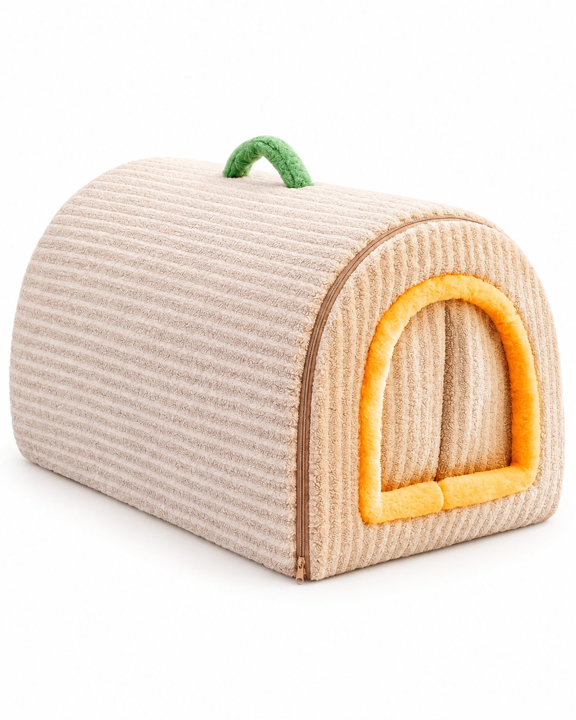 A small dome-shaped pet bed or cozy with a ribbed beige fabric exterior, a bright yellow-orange arched entrance trim, and a green loop handle on top, shown on a clean white background.