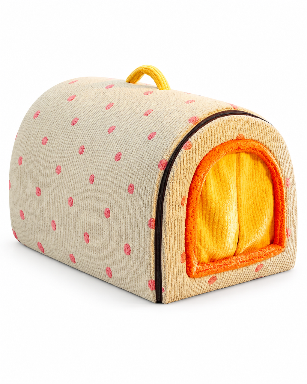 A plush pet bed shaped like a slice of pizza, featuring a beige textured fabric exterior with pink polka dots, a bright yellow interior, and an orange-trimmed arched opening.