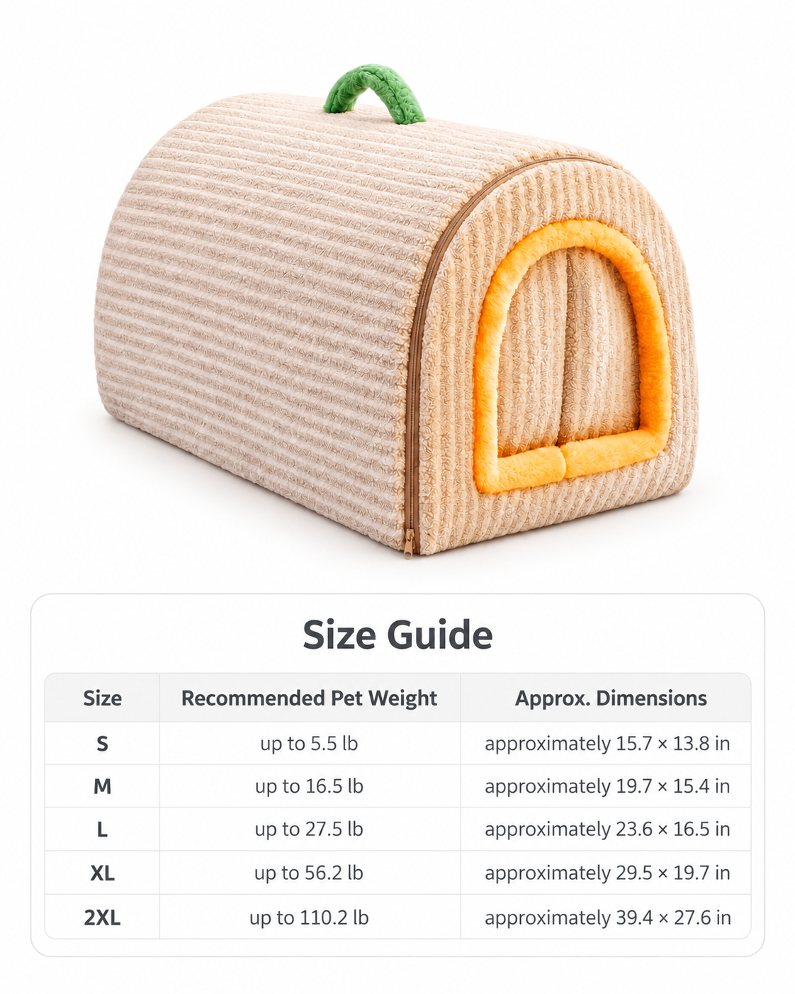 A striped beige pet cat house with a green handle and orange arched entrance trim, shown above a size guide table listing sizes, recommended pet weights, and approximate dimensions.