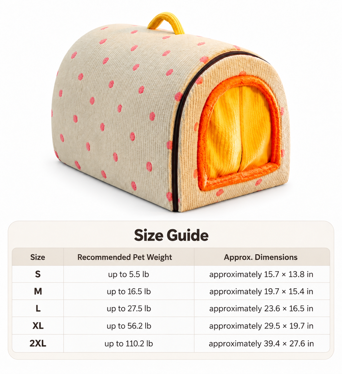 A small dome-shaped pet bed with a beige fabric exterior, pink polka dots, black trim, and a yellow handle, shown above a size guide table listing sizes S through 2XL with recommended pet weights and approximate dimensions.