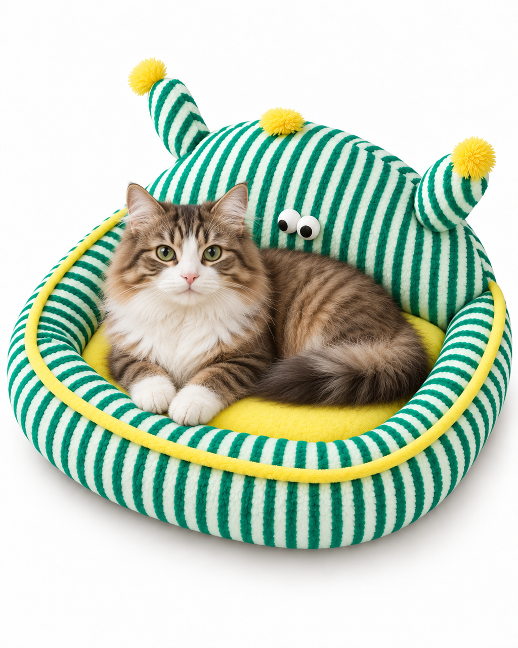 A fluffy brown and white cat lies inside a plush green-and-white striped crocodile pet bed with yellow trim and yellow pom-pom details, photographed on a clean white background.