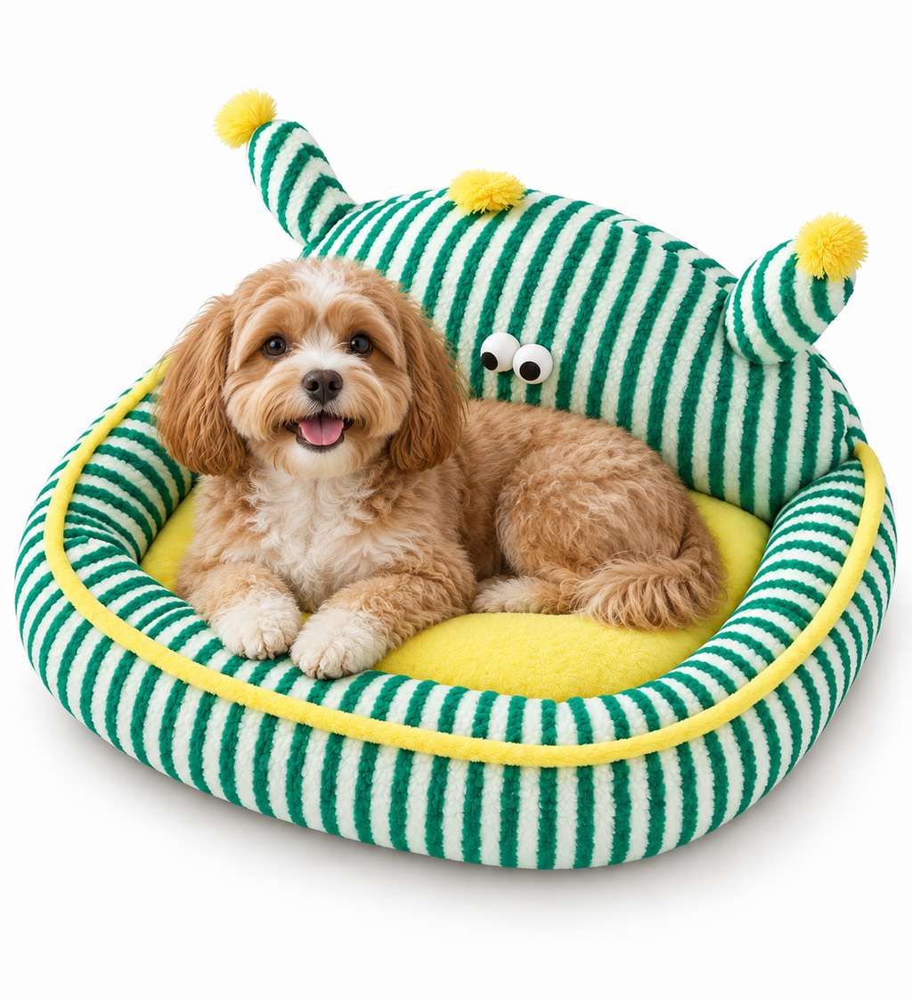A small fluffy dog lies inside a plush crocodile-shaped pet bed with green and white stripes, a yellow inner pad, and yellow pom-pom accents on a clean white background.
