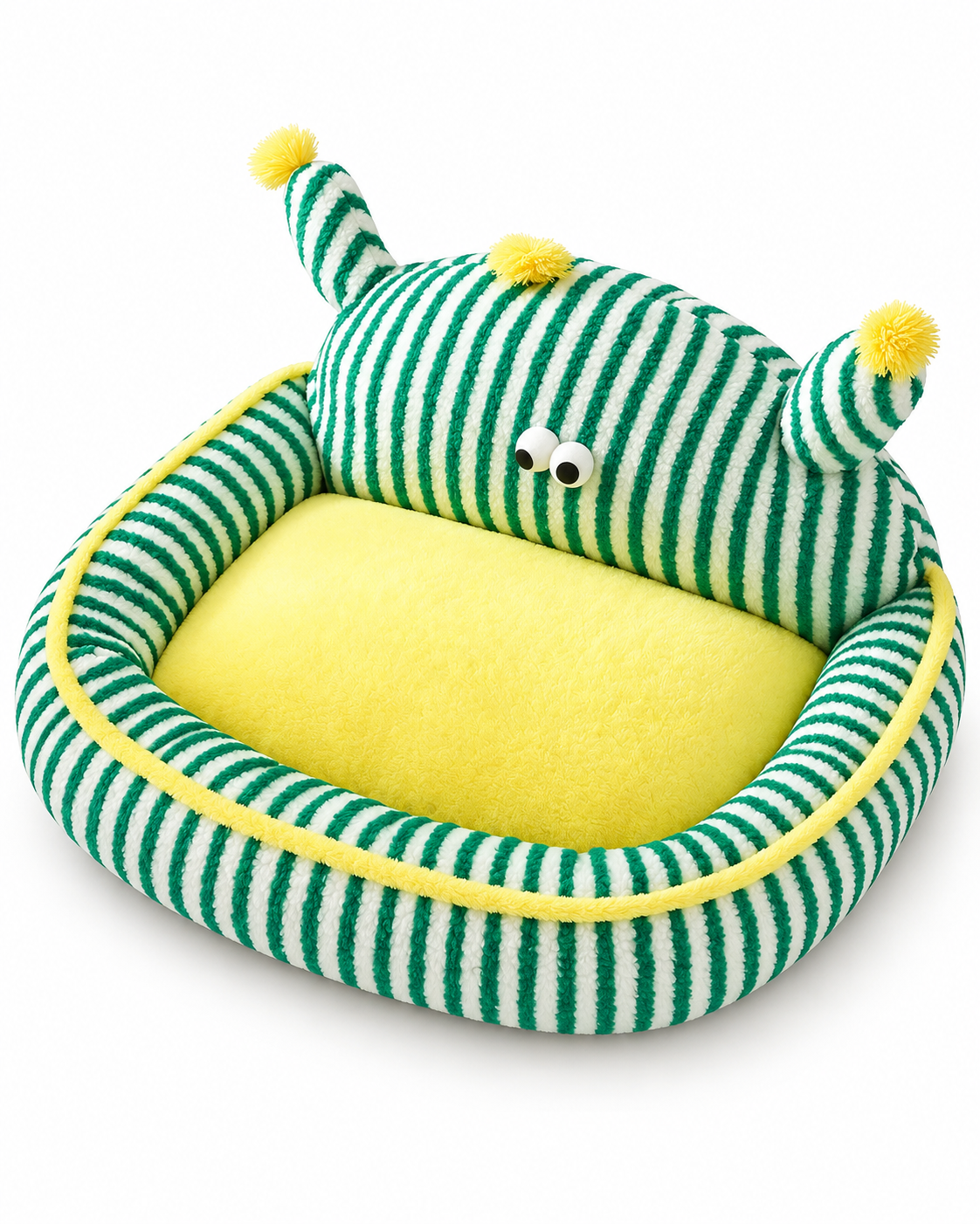 A plush pet bed with a green and white striped exterior, a bright yellow interior cushion, and small yellow pom-pom accents on the top, shown on a clean white background.