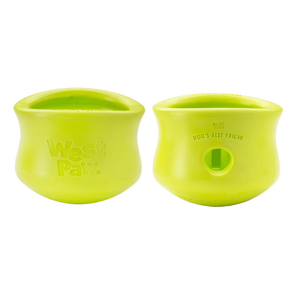 Two green pet toys with 'West Paw' branding on a white background
