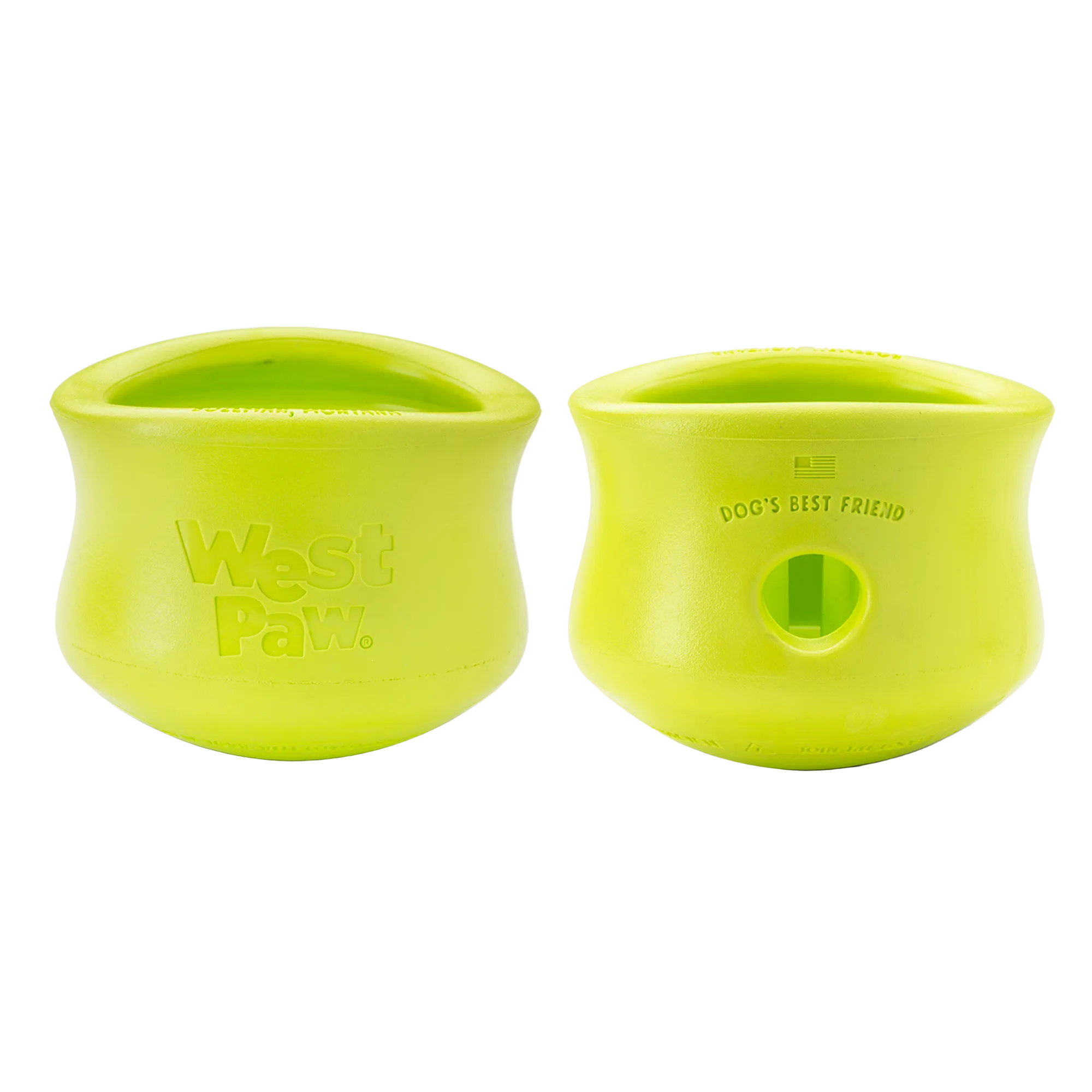 Two green pet toys with 'West Paw' branding on a white background