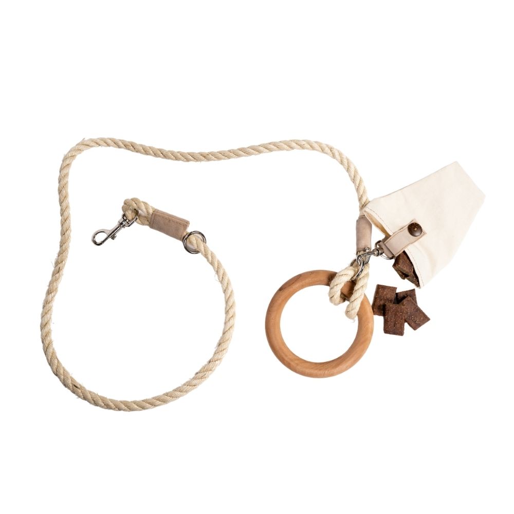 Pet toy with rope and wooden ring on a white background